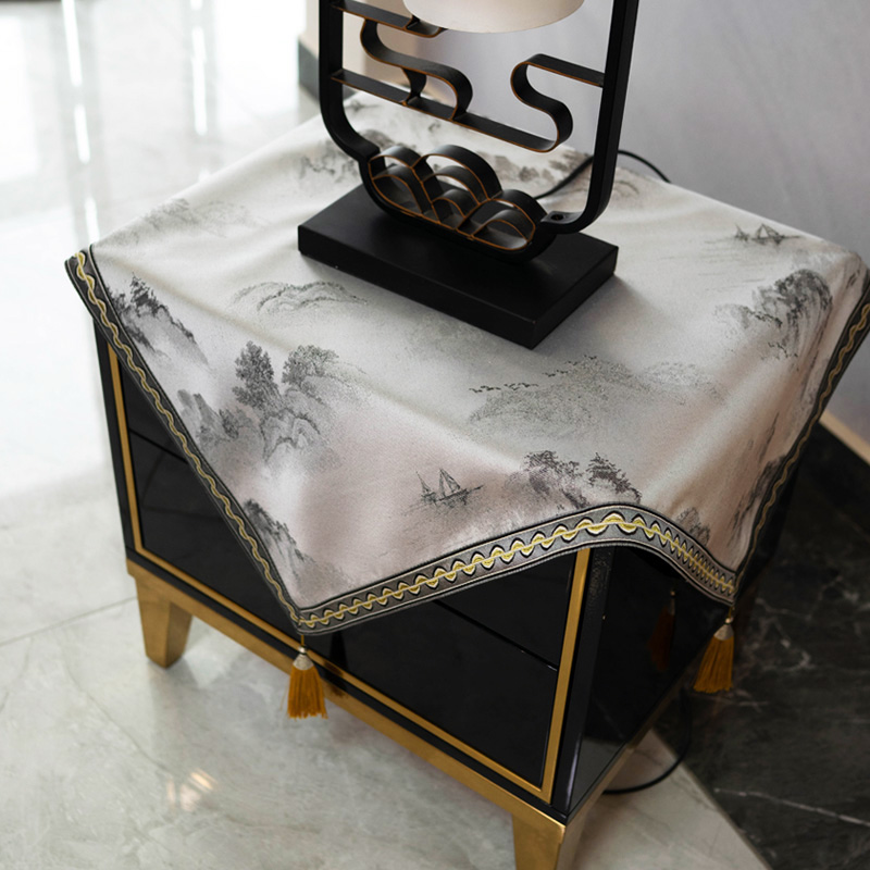 水墨山河床头柜盖布中式