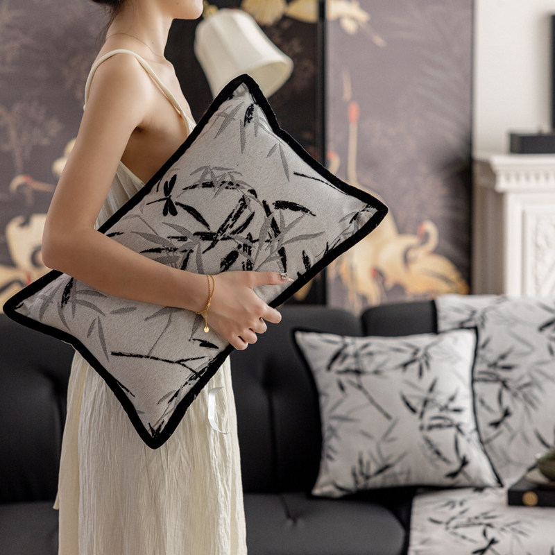 样板间沙发抱枕轻奢高级感客厅竹子新中式黑白靠枕靠垫靠包腰枕