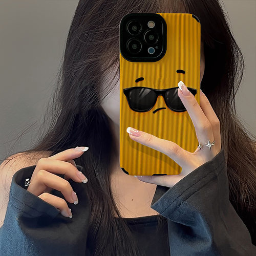初绽适用苹果16黄底墨镜拽拽表情iphone15promax手机壳12 11皮质软全包新款14pro潮15女款xs高级17Air保护套