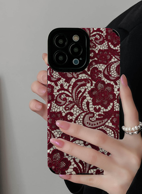 初绽适用红米NOTE14proplus手机壳12时尚10青春9情侣note8pro竖条纹深红艺术花纹小众皮质软全包时尚潮保护套