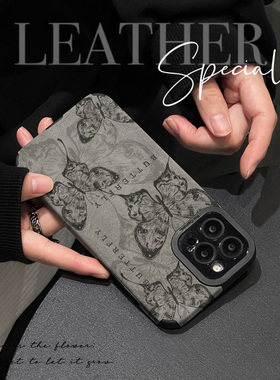 初绽适用opporeno14手机壳13/12/11pro+翻毛皮黑色手绘蝴蝶情侣全包皮质软壳新款防摔RENO10/9/8/7青春保护套