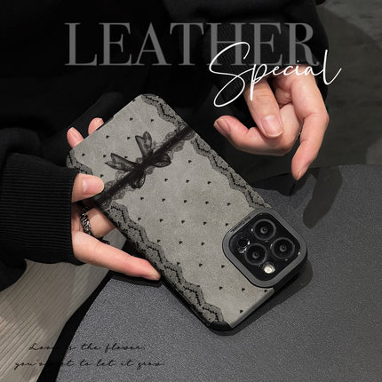 初绽适用opporeno14手机壳13/12/11pro+翻毛皮黑爱心蝴蝶结情侣全包皮质软壳新款防摔RENO10/9/8/7青春保护套