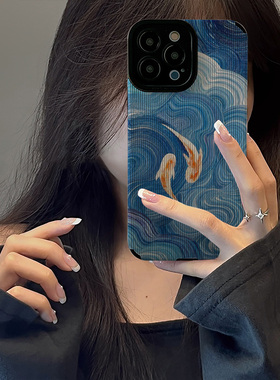 初绽适用华为蓝色油画涂鸦鲤鱼NOVA11手机壳8女9PRO新款nova10防摔女高级3皮质软7SE小众65G保护套nova5简约4