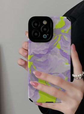 初绽适用红米NOTE14proplus手机壳12时尚10青春9情侣note8pro竖条纹荧光绿底紫花小众皮质软全包时尚潮保护套