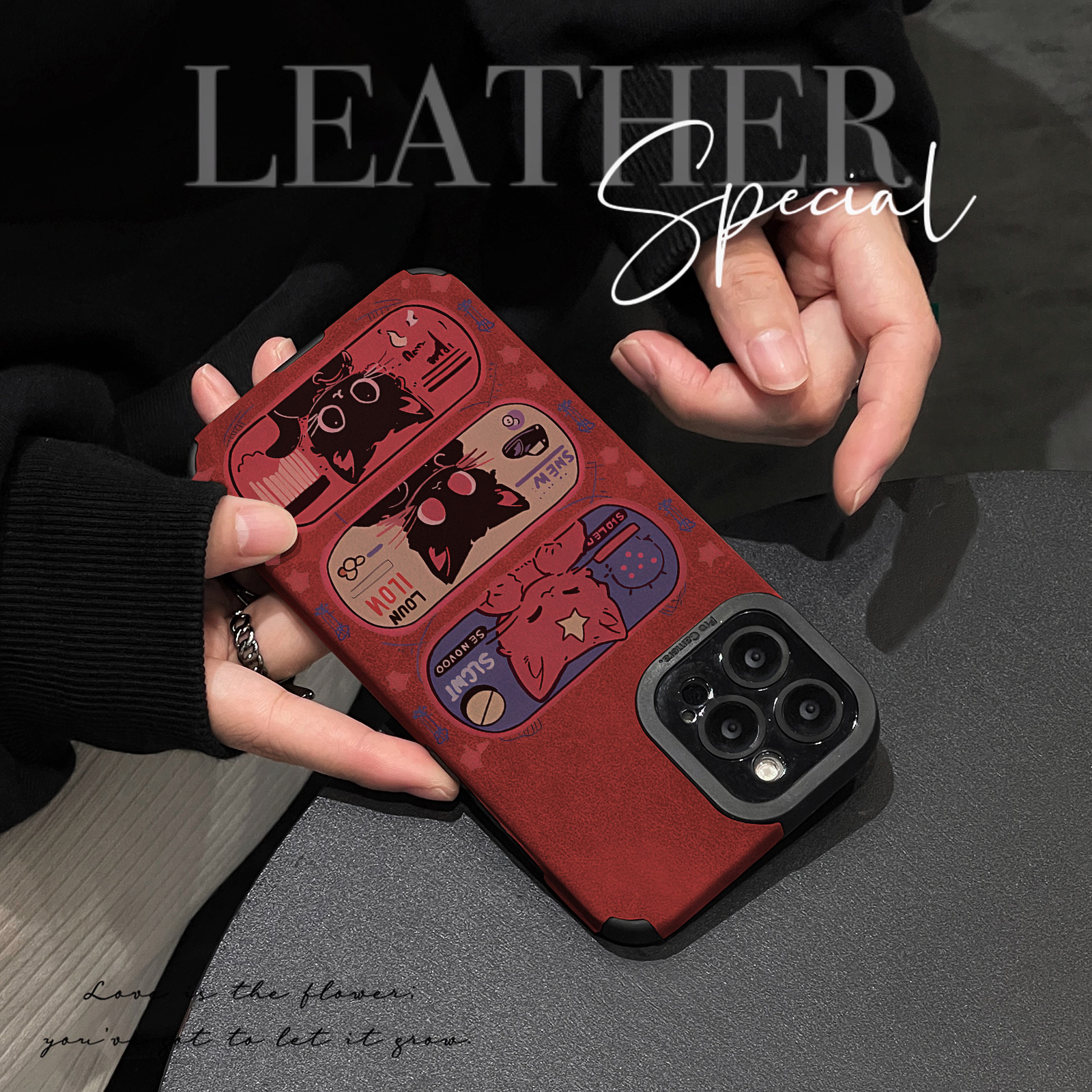 初绽适用红米NOTE15proplus手机壳14时尚12青春11情侣note10pro翻毛皮拼色彩绘小猫小众皮质软全包时尚保护套