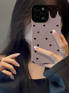 初绽适用红米NOTE15proplus手机壳14时尚12青春11情侣note10pro竖条纹粉色黑小爱心小众皮质软全包高级保护套