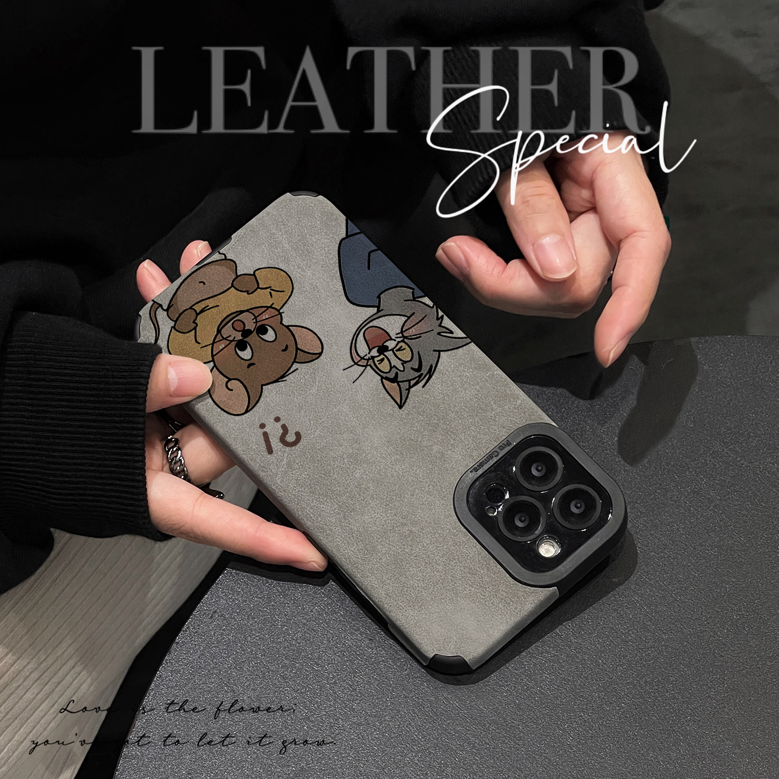 初绽适用苹果16 翻毛皮猫和老鼠iphone13promax手机壳15 13 12 11皮质软全包个性14pro潮女xs简约8plus保护套