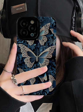初绽适用vivo蓝色复古蝴蝶标本 iqoo11手机壳9pro新款iqoo neo8皮质软7防摔5s女6高级3/5x全包10活力版保护套