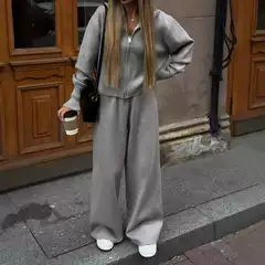 European and American Style Fashionable Casual Loose Knit Zipper Sweater and Pants Set
