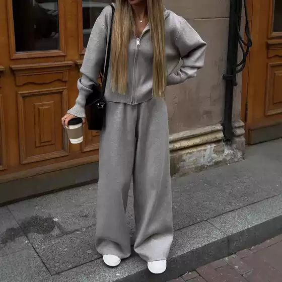 European and American Style Fashionable Casual Loose Knit Zipper Sweater and Pants Set