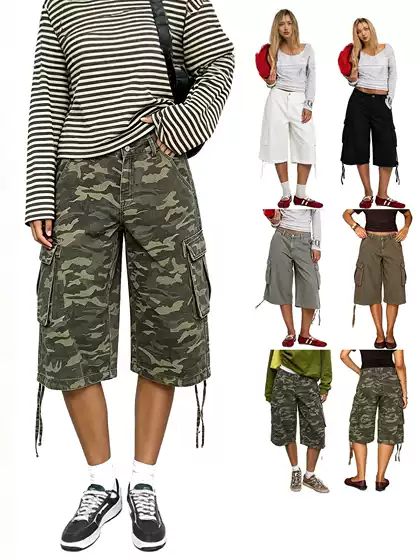 European and American Style New Fashion Casual Versatile Loose Camouflage Workwear Denim Shorts Cargo Shorts Pants