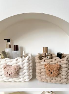 ins风小熊粗棉绳手工编织收纳篮 白色卧室加粗棉线桌面杂物整理筐