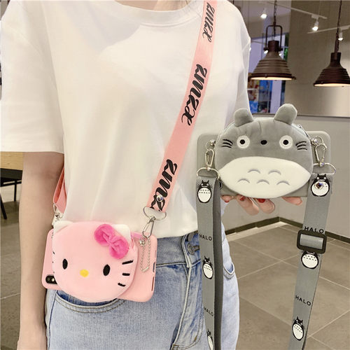 毛绒零钱包oppo reno4手机壳斜挎4Pro可背带挂绳PCRM00秋冬软壳PCRT00卡通龙猫KT猫por皮卡丘包包OPP0保护套