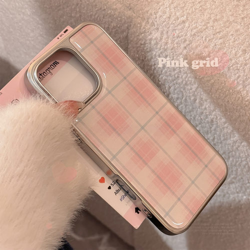 粉色格纹适用16苹果17promax手机壳iphone14滴胶甜美15电镀