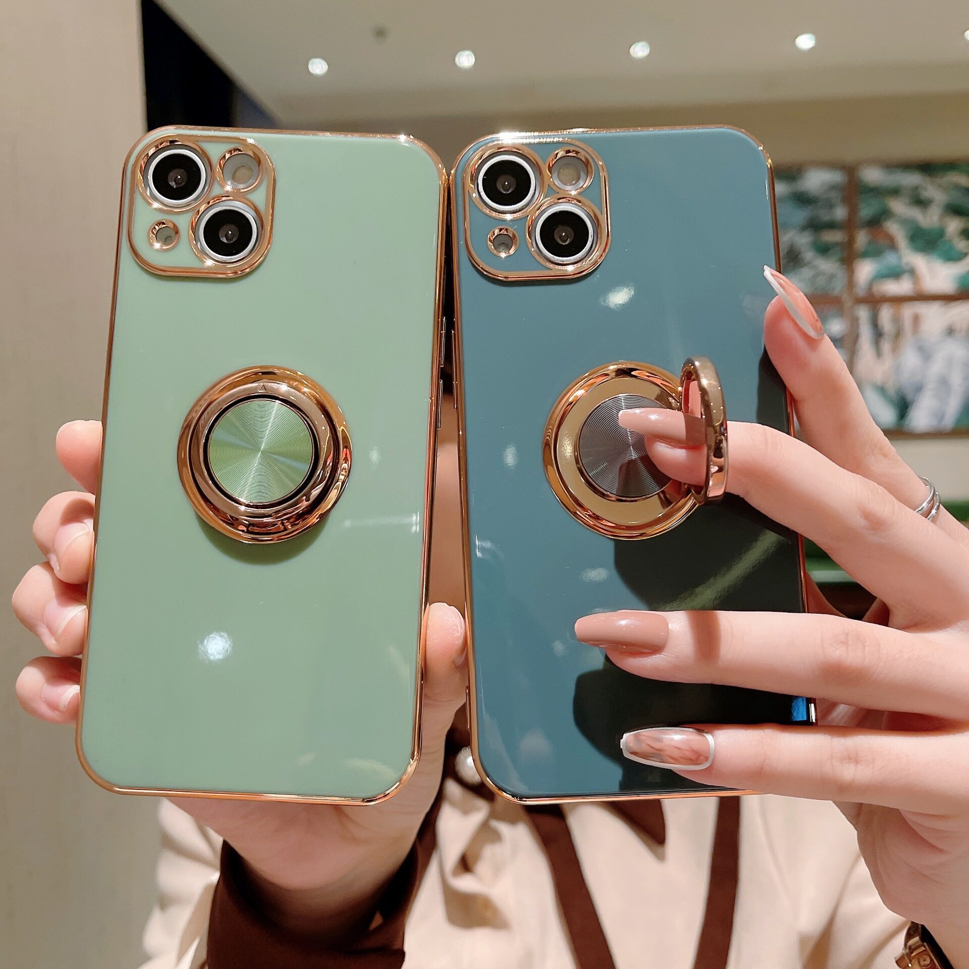 支架一体适用苹果14手机壳磁吸指环iPhone13直边8P保护套6D电镀Xs