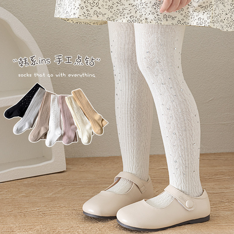 春秋款麦穗贴钻款女童打底裤袜子高腰白色儿童袜子韩系薄款舞台袜