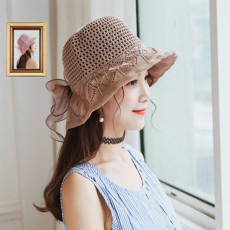 夏天小沿时尚草帽女韩版百搭时装帽休闲日系盆帽蝴蝶结出游遮阳帽