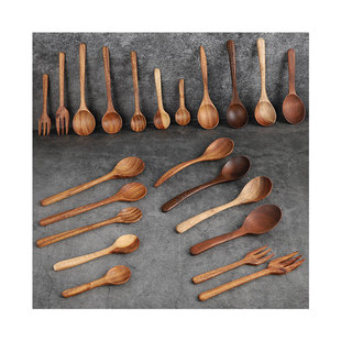 日式小木勺子长柄实木质饭勺儿童成人甜品汤勺蜂蜜勺手工勺叉餐具