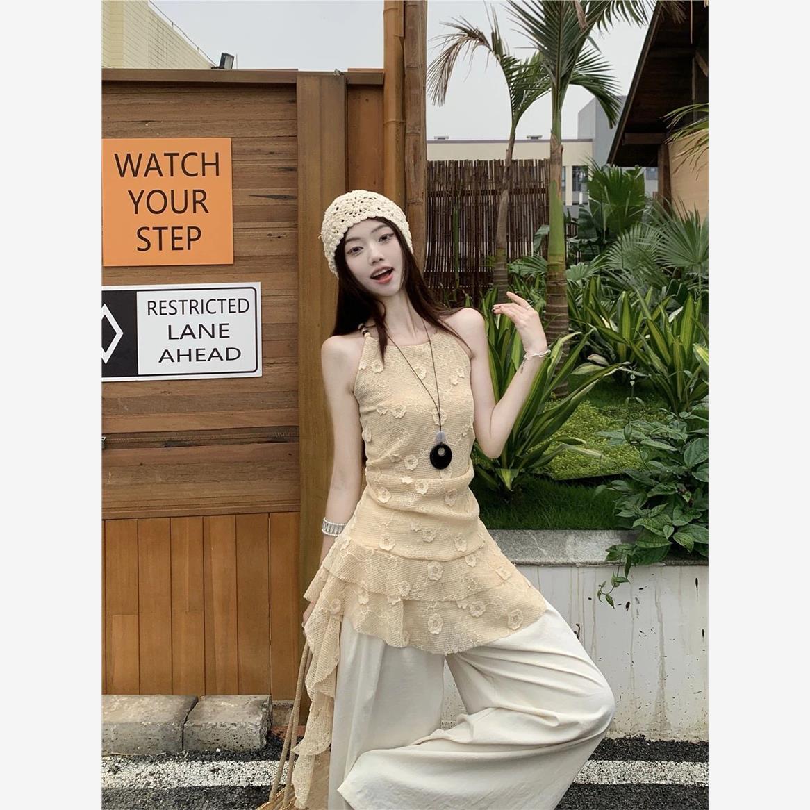 夏季新款套装蕾丝吊带背心抹胸不规则钩花镂空无袖上衣长裤子