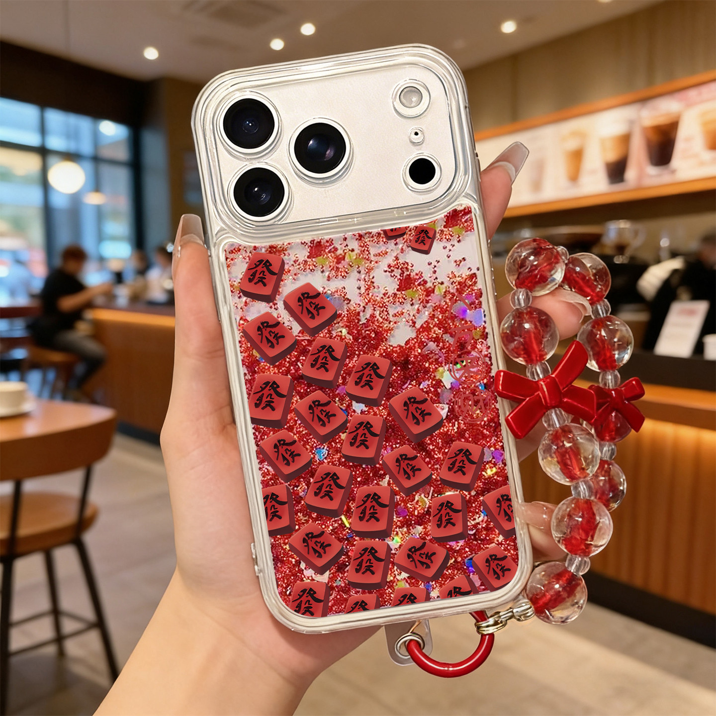 适用苹果17promax手机壳流沙红iphone16发财麻将15