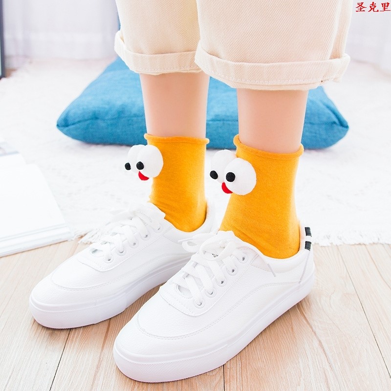 袜子女大眼睛3d立体长袜卡通小鸡大眼仔毛球眼镜袜