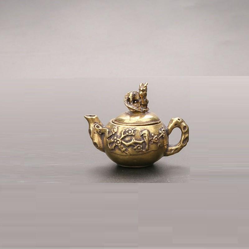 仿古纯黄铜迷你小茶壶香插香炉喜上眉梢水滴砚滴旺财运文玩手把件