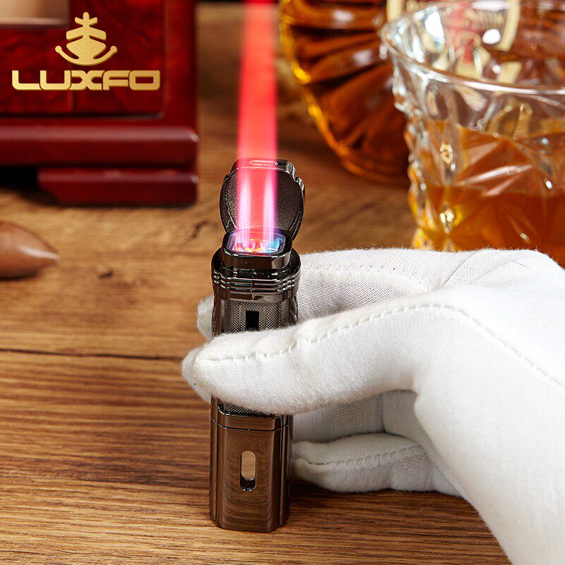 LUXFO朗佑金属防风打火机四直冲透明可充气雪茄点烟器个性红火焰