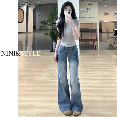 美式复古低腰阔腿牛仔裤女2025秋季新款宽松小个子辣妹微喇叭裤子