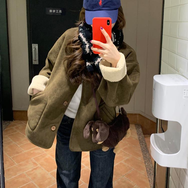 麂皮绒羊羔毛外套女秋冬短款高级复古流行两面穿毛绒保暖棉服上衣