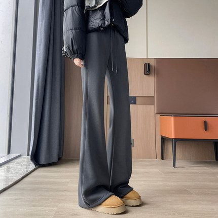 灰色微喇叭运动裤女秋冬加绒厚2024新款休闲瑜伽高个子加长卫裤子
