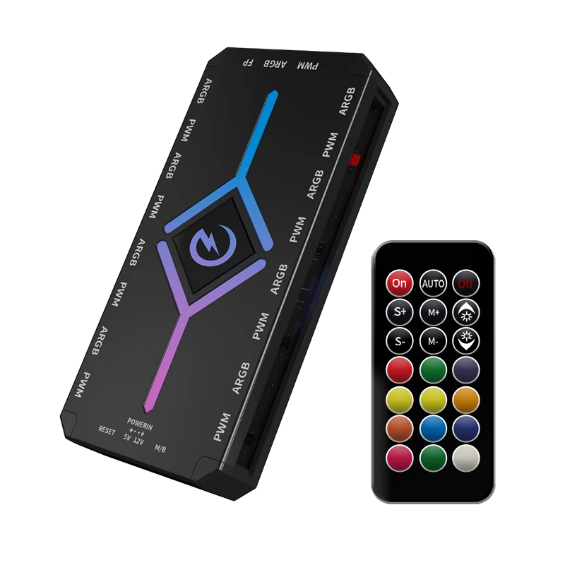 动力火车ARGB集线器PWM二合一机箱风扇转接1拖9温控调速神光同步