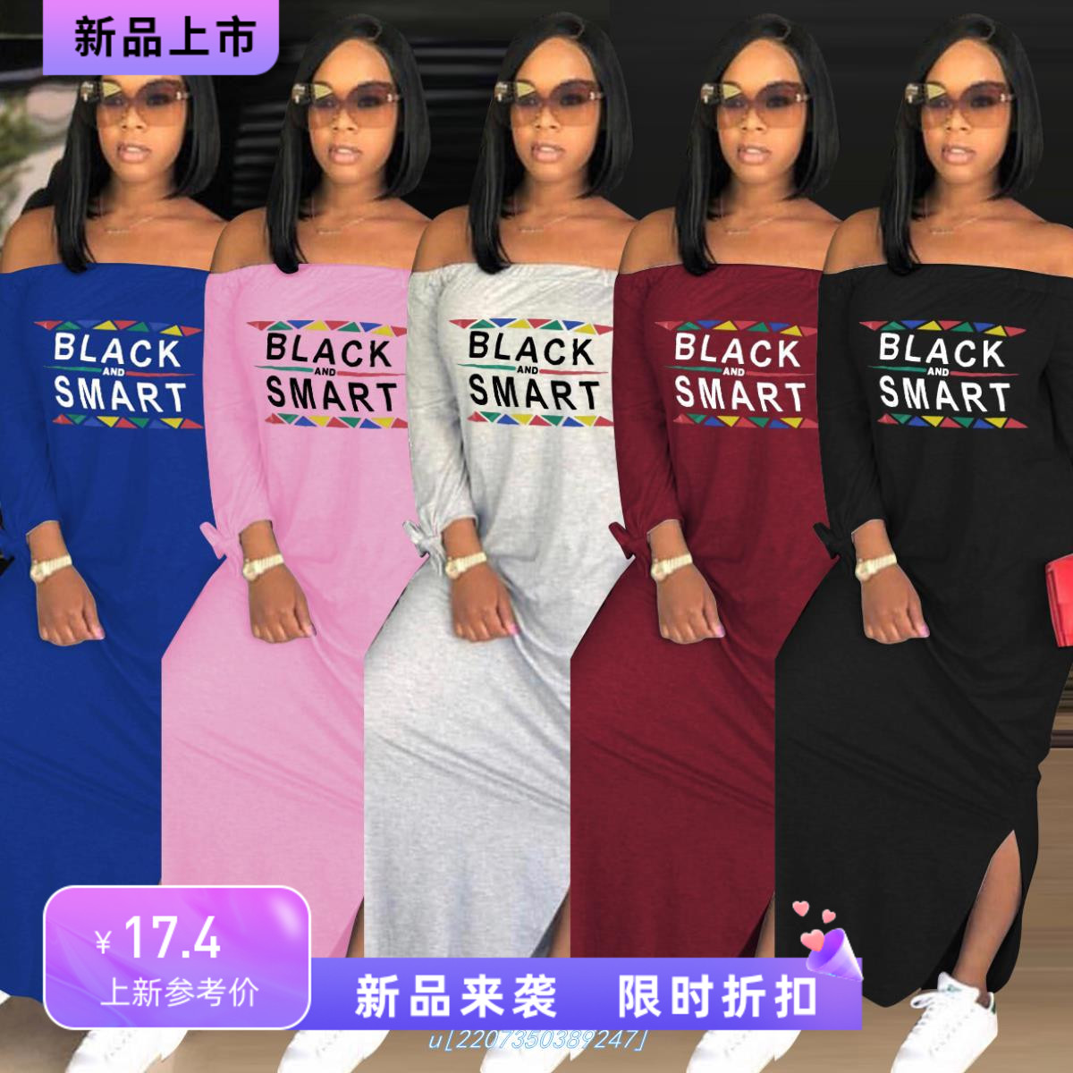 Women Dress Long Sleeve Letter Black Smart Slash Neck Loose