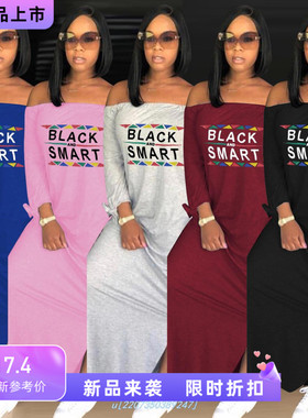 Women Dress Long Sleeve Letter Black Smart Slash Neck Loose