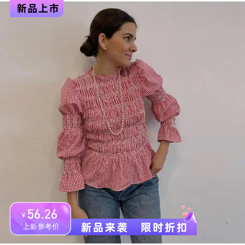 2024格子印花褶皱圆领长袖喇叭修身女衬衫HY119