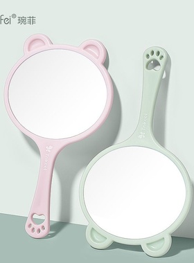 圆形手持镜大号简约精致小熊卡通可爱风磨砂化妆手把可挂手拿镜子