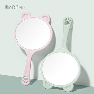 圆形手持镜大号简约精致小熊卡通可爱风磨砂化妆手把可挂手拿镜子