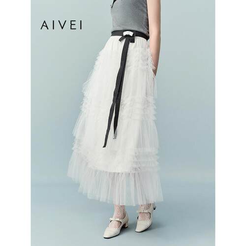 AIVEI欣贺艾薇2026夏季网纱蛋糕裙超仙初恋风白色半身裙XSV3Q04S