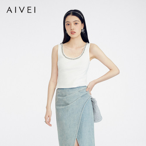 AIVEI欣贺艾薇2025夏季韩系打底外穿珠链低圆领针织背心S7280608