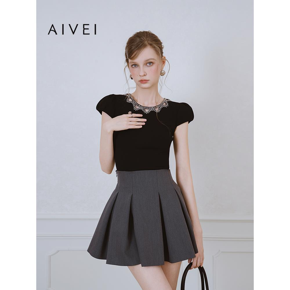 AIVEI欣贺艾薇2025夏季新气质淑女包肩袖链条修身针织衫S724202B