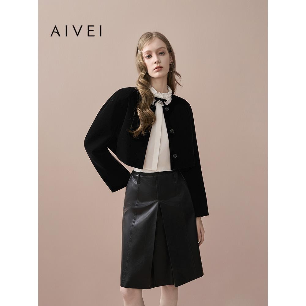 AIVEI欣贺艾薇2025秋季新复古箱型小香风黑色丝绒短外套XRV5W27A