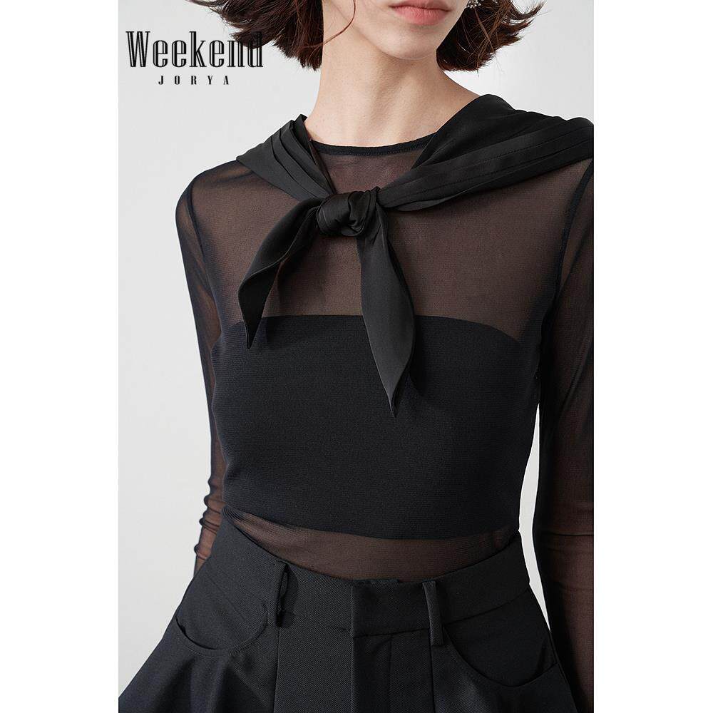 卓雅周末25夏季新款可拆帽子个性蝴蝶结绑带透视圆领T恤R220307C