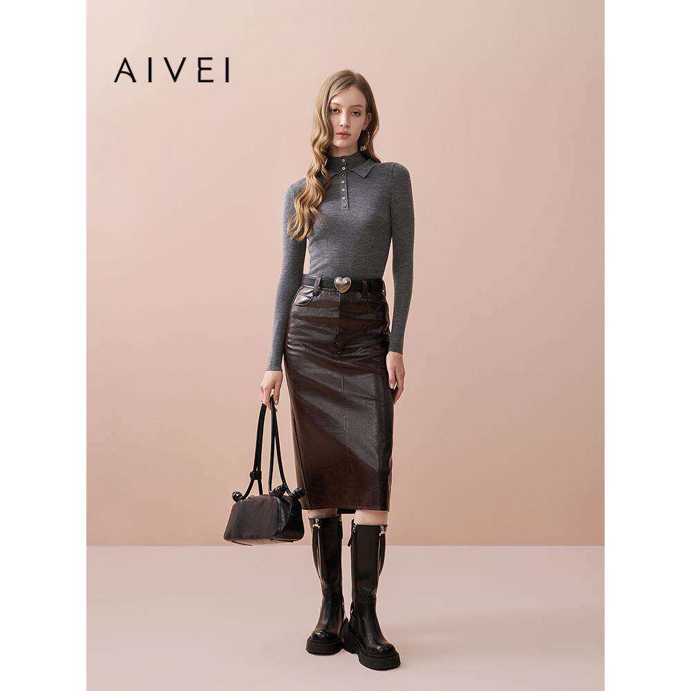 AIVEI欣贺艾薇2025秋季新设计感假两件半高领打底针织衫XRV5512B