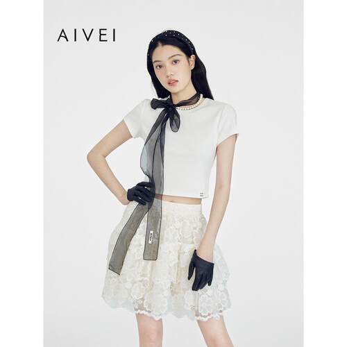 AIVEI欣贺艾薇2025夏季正肩短袖截短甜辣风圆领T恤上衣S7280601