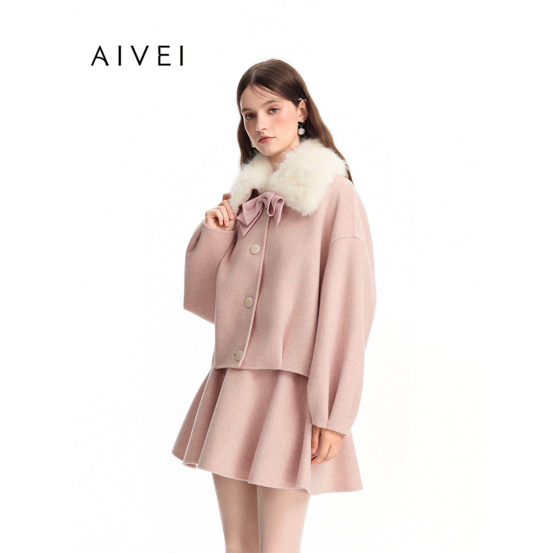 AIVEI欣贺艾薇2026冬季新少女感学院甜妹带毛领毛呢外套ESV7D12B