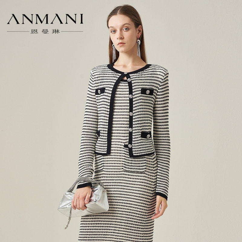 ANNMEL恩曼琳25春季新款复古优雅小香风黑白条纹针织开衫EANFAA03