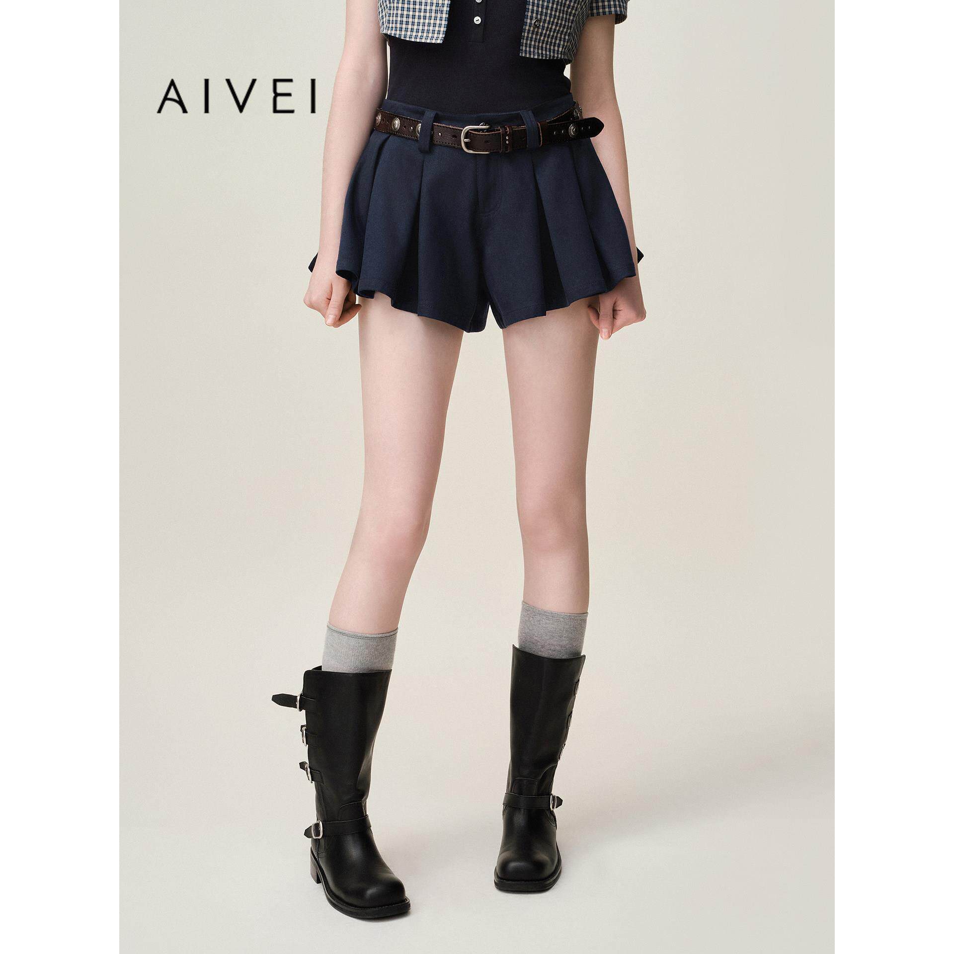 AIVEI欣贺艾薇2026夏季新气质百搭立体抓褶显瘦阔腿短裤XSV3Y04C
