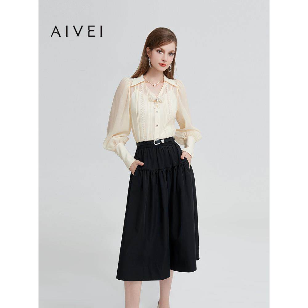 AIVEI欣贺艾薇春季通勤OL法式优雅POLO领长袖雪纺衬衫R0160006