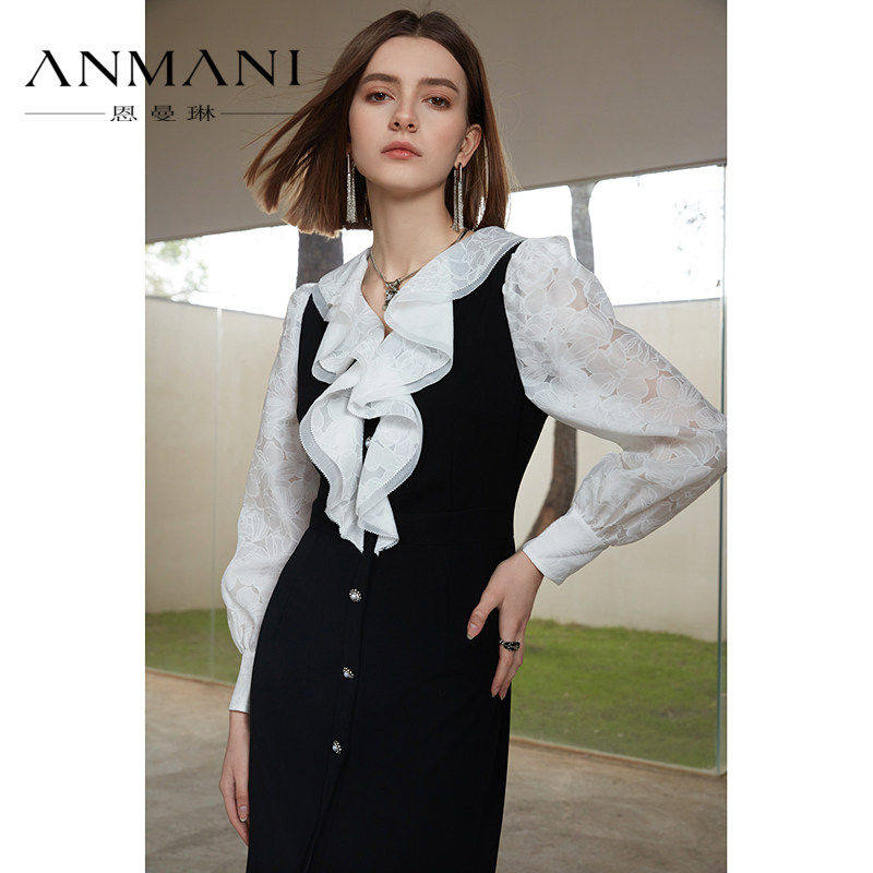 ANNMEL恩曼琳春季新款法式黑白拼接荷叶边修身连衣裙EANEAH20