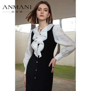 ANNMEL恩曼琳春季新款法式黑白拼接荷叶边修身连衣裙EANEAH20