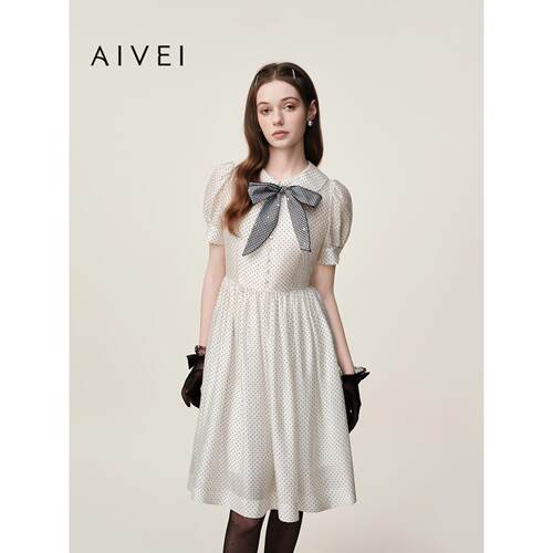 AIVEI欣贺艾薇2026夏季新法式茶歇泡泡袖波点雪纺连衣裙XSV3L24B